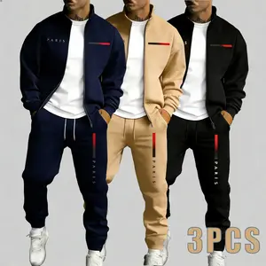 3-piece men's sports suit, stand up zipper jacket and zip pants casual two-piece set, suitable for daily wear and sports
