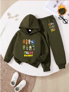 Fleece Hoodie Set, Italian Brainrot Print, Fun Cartoon Patterns, Comfortable Jogger Pants, Winter Casual Wear for Kids