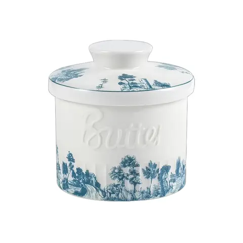Springtok French Butter Crock - Sturdy, Airtight, Beautifully Finished Blue and White Ceramic Round Water-Seal Container, Water-Seal Fresh Dustproof Cover, Dishwasher-Safe Leak-Proof Kitchen Preserving Utensil for Countertop Decor (Maintains Freshness)