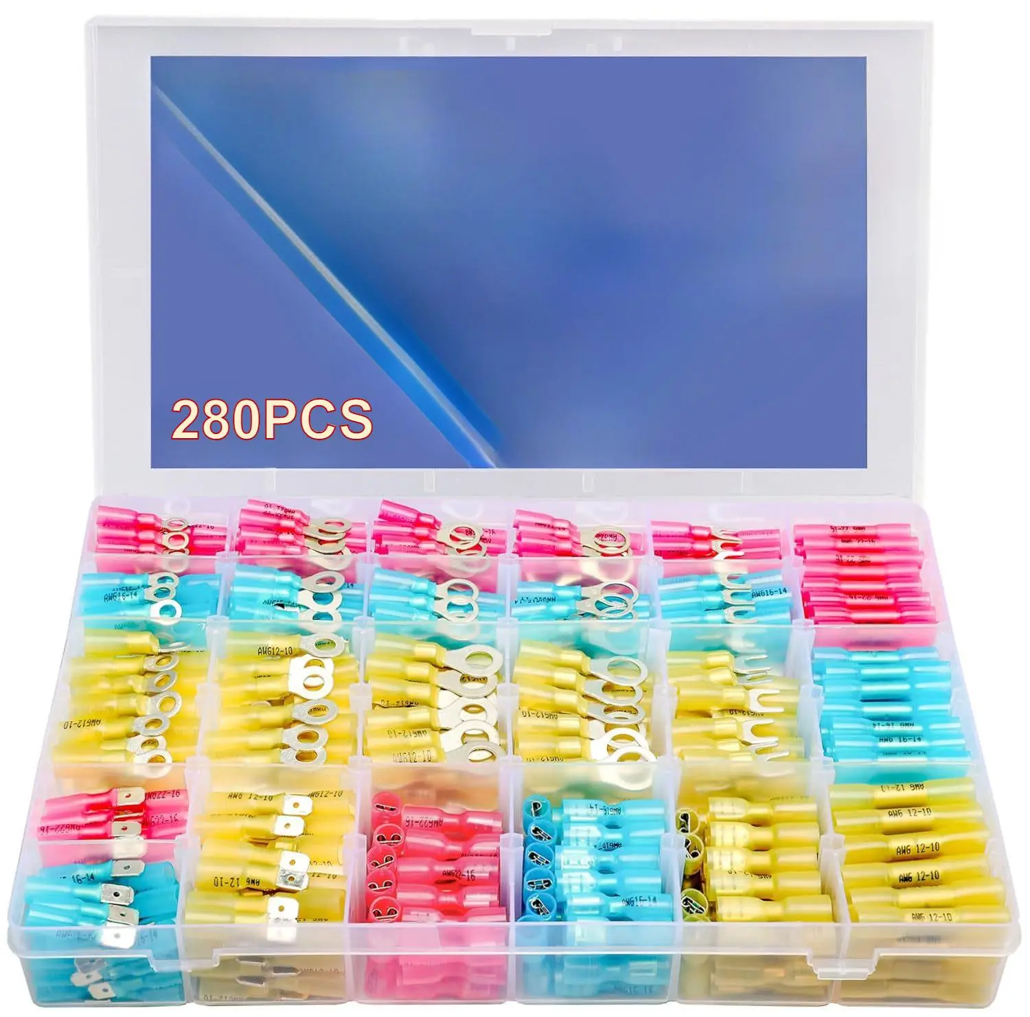 280PCS Multi-Size 22-10 AWG Heat Shrink Wire Connectors, 3 Colors/21 Sizes - Marine Grade Ring, Fork, Spade & Butt Terminals for Automotive Users & Boat Accessory Wiring Tasks