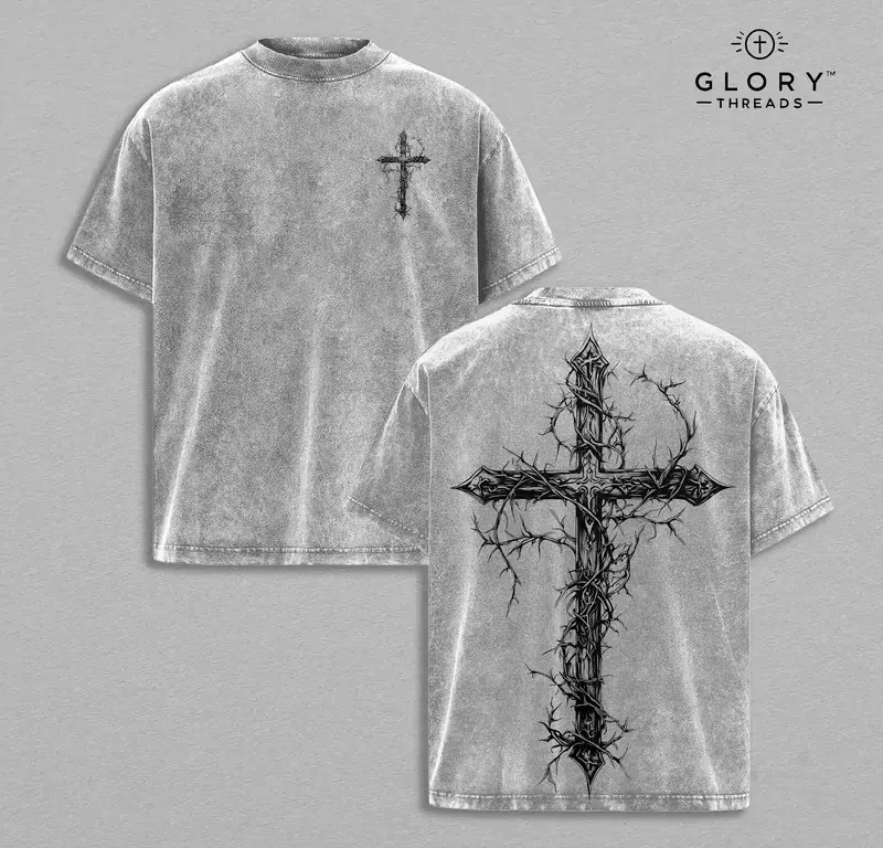 Thorn Cross Gothic Cross T-shirt Washed Biblical Cross Art Tee Jesus Tshirt , Cross Tee, Christian Apparel Streetwear Menswear Oversized Top Men and Women Bible Verse Church Outfit Gym Pump Cover