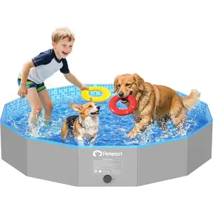 Foldable Dog Pool with Sturdy Round Design, Extra Large Portable Pet Bathtub, Durable 64" Diameter for Backyard & Indoor Use (Includes 2 Flying Disks)