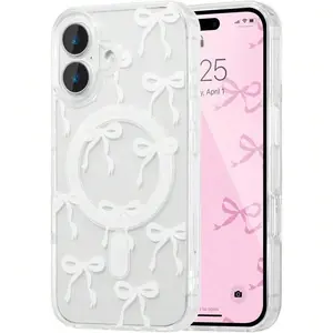 For IPhone 16 16E 16 Pro 16 Promax 16 Plus 15 14 13 12 11 17/17pro/17promax/17air Case, Bow Case Compatible With, Wireless Slim Clear Ribbon Aesthetic Phone Cover Anti-Yellowing Shockproof Protective Cover For Women Girl - White