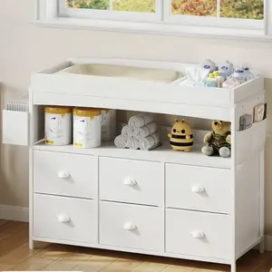 Baby Changing Table Dresser with Storage, Baby Dresser with Changing Table Top & 6-Fabric Drawer, Diaper Changing Station with Storage Shelf for Nursery Modern (6 Drawers/White)