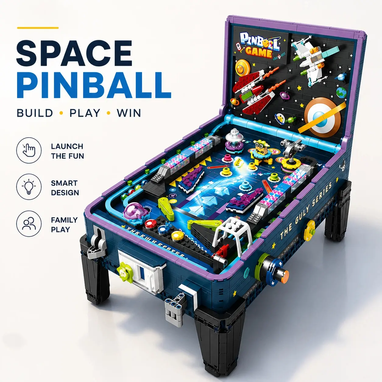 Retro Arcade Space Pinball Machine Toy Set with Buildings - LED Lights, Music, Mechanical Interactive Table, STEM Hands-On Learning Construction Gift for Kids, Adults, Arcade Games, Video Games Win Feature Included