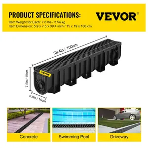 VEVOR Trench Drain System, Summervibes,Summervibes, Channel Drain with Plastic Grate, 5.9x7.5-Inch HDPE Drainage Trench, Black Plastic Garage Floor Drain, 5x39 Trench Drain Grate, with 5 End Caps, for Garden, Driveway-5 Pack
