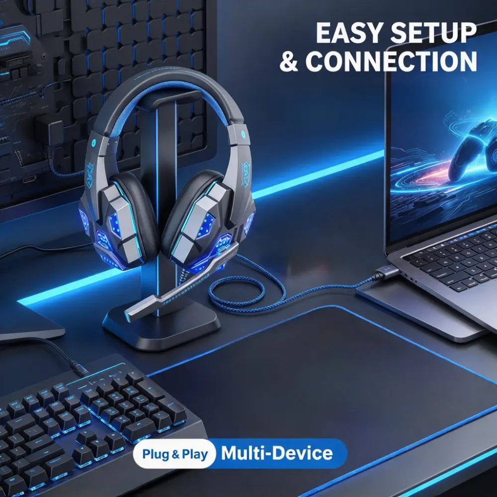 1pc Wired Head-Mounted LED Gaming Headset with Noise-Canceling Microphone - Headset for Gaming Compatible with PC, Laptop, PS4, PS5, Xbox, Switch for Adult Board Game Enthusiasts