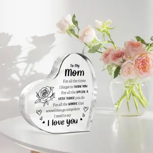2D Flat Transparent Acrylic Keepsake, Heart Shaped Paperweight Engraved "I Love You Mom", Sweet Gift for Kids to Give Mom. Perfect for Mother's Day, Christmas & Thanksgiving, Sincere Gratitude Present