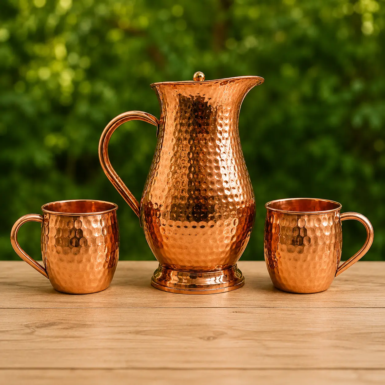 Pure Copper Pitcher Set with 2 Hammered Copper Mugs, 1.5L Copper Water Jug, Handmade Copper Drinkware Set for Home, Kitchen & Gifting