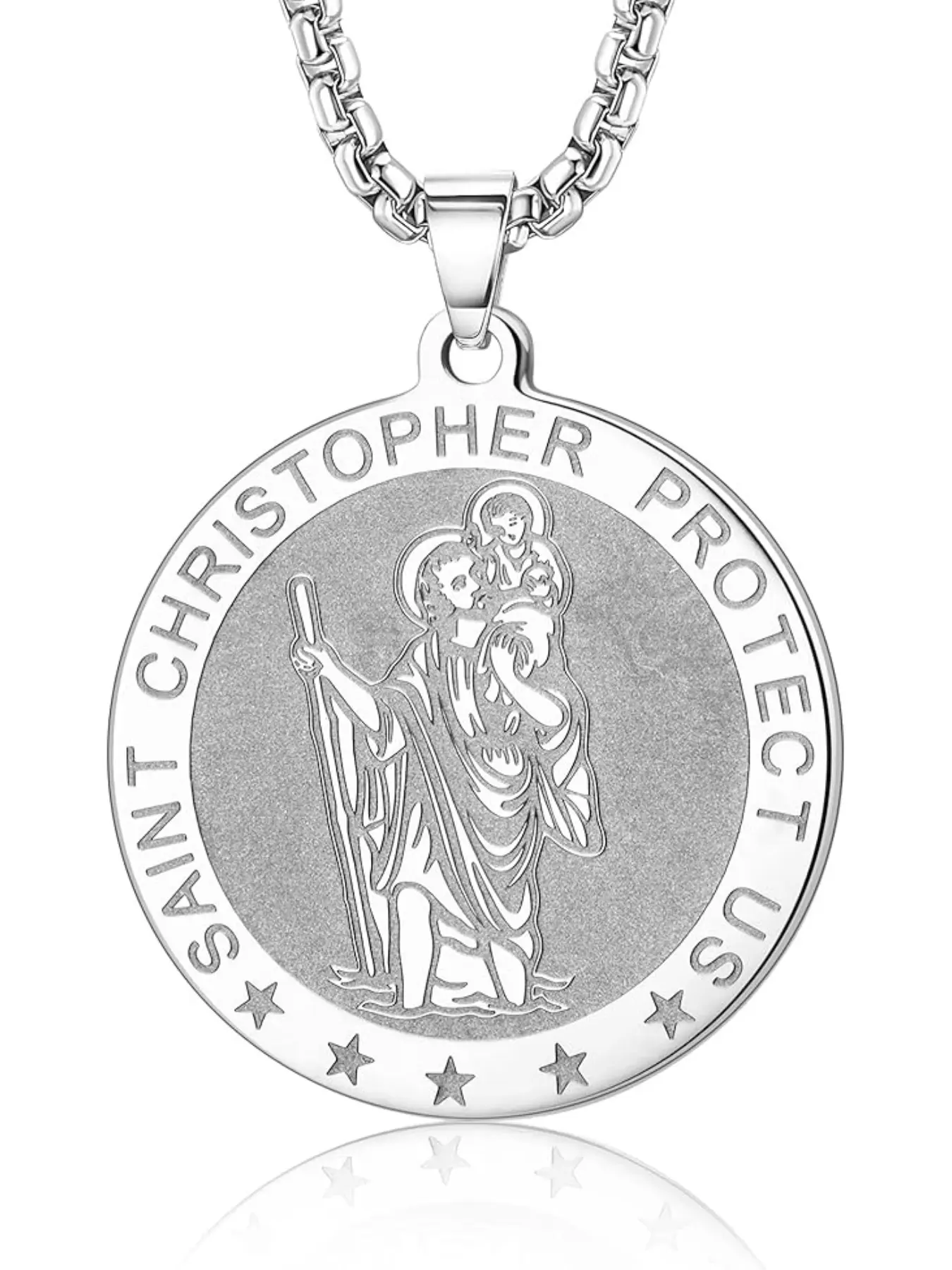 Stainless Steel St Christopher Necklace for Men Saints Protect Us Pendant Necklace Silver Gifts for Men Women Faith Necklace Chain Jewelry