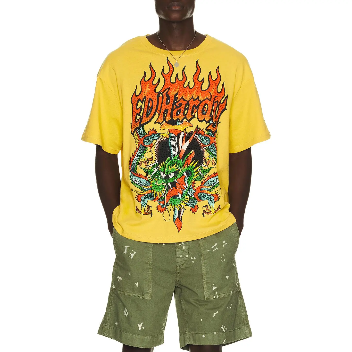 Ed Hardy Dragons Boxy Rhinestone Tee in Mustard