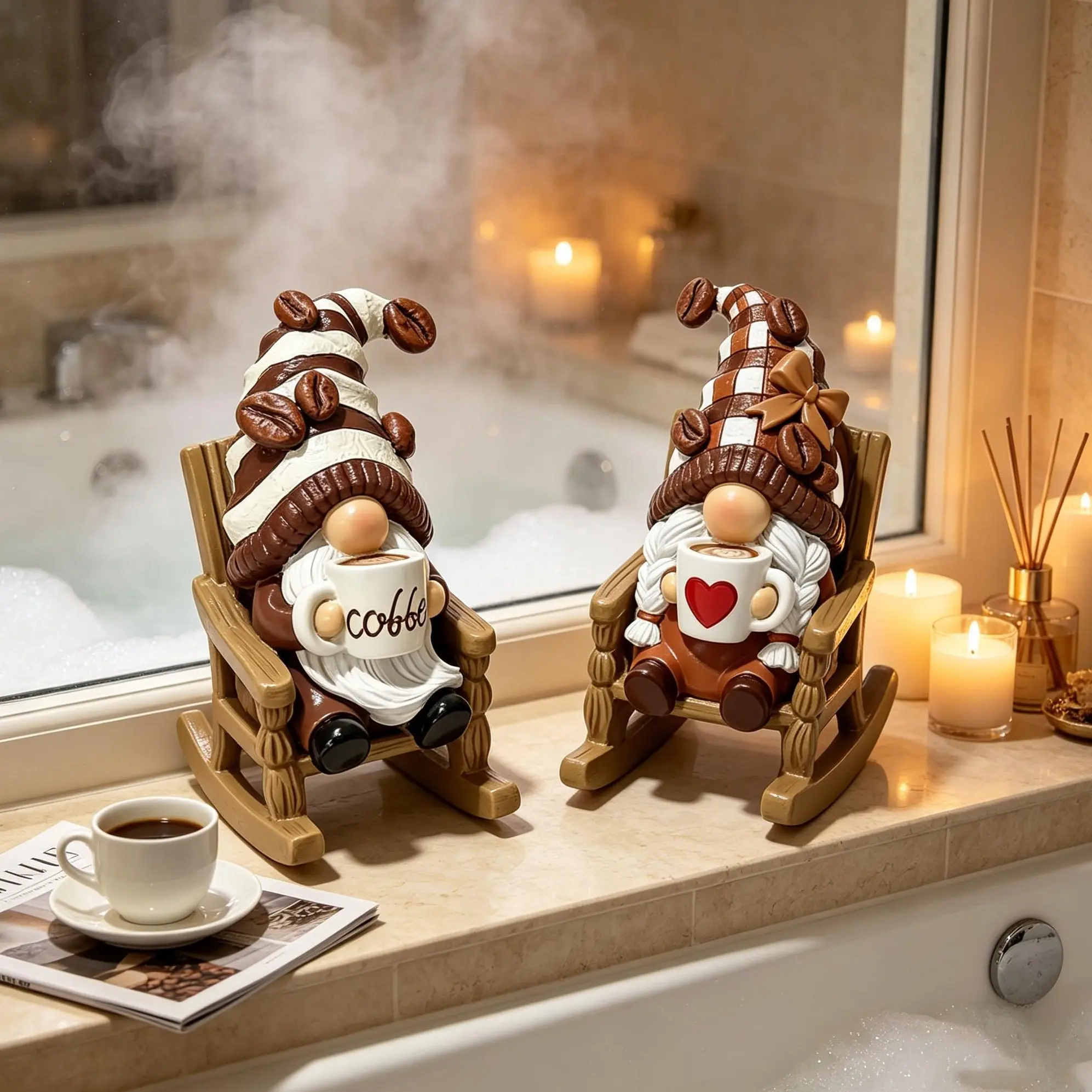 Sangeren 2-Piece Rocking Chair Gnome Figurine Statues, Hand-Painted Resin Swedish Tomte Home Decor, Patio-to-Desk Use for Coffee Bar, Kitchen Shelf Accent, Housewarming & Sweet Heart Gift
