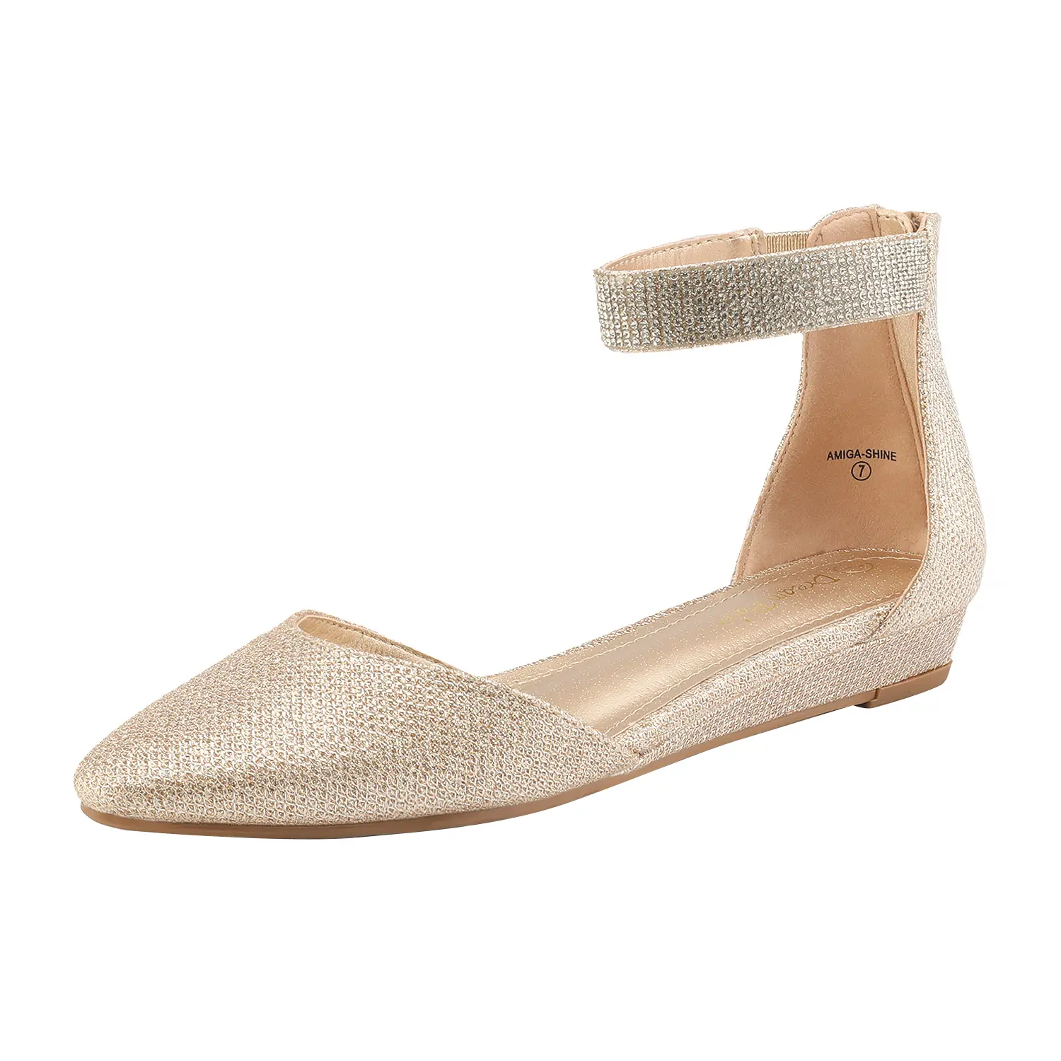 Dream Pairs Women's Pointed Toe Low Wedge Flat Footwear - Rhinestone Strap Glitter Sandal, 1 in Wedge, Zip Closure, TPR Rubber Sole, Soft Liner, Cushioned Footbed, Elegant Casual All-Seasons Shoes
