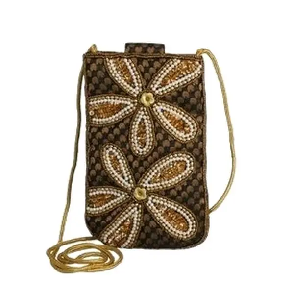 Women's Brown and Gold Embroidered Beadwork Chic Elegant Retro Crossbody Bag - Adjustable Strap, Multi-Compartment, Spacious, Ideal for Boho Outfits, Holiday Party, Preppy Occasions