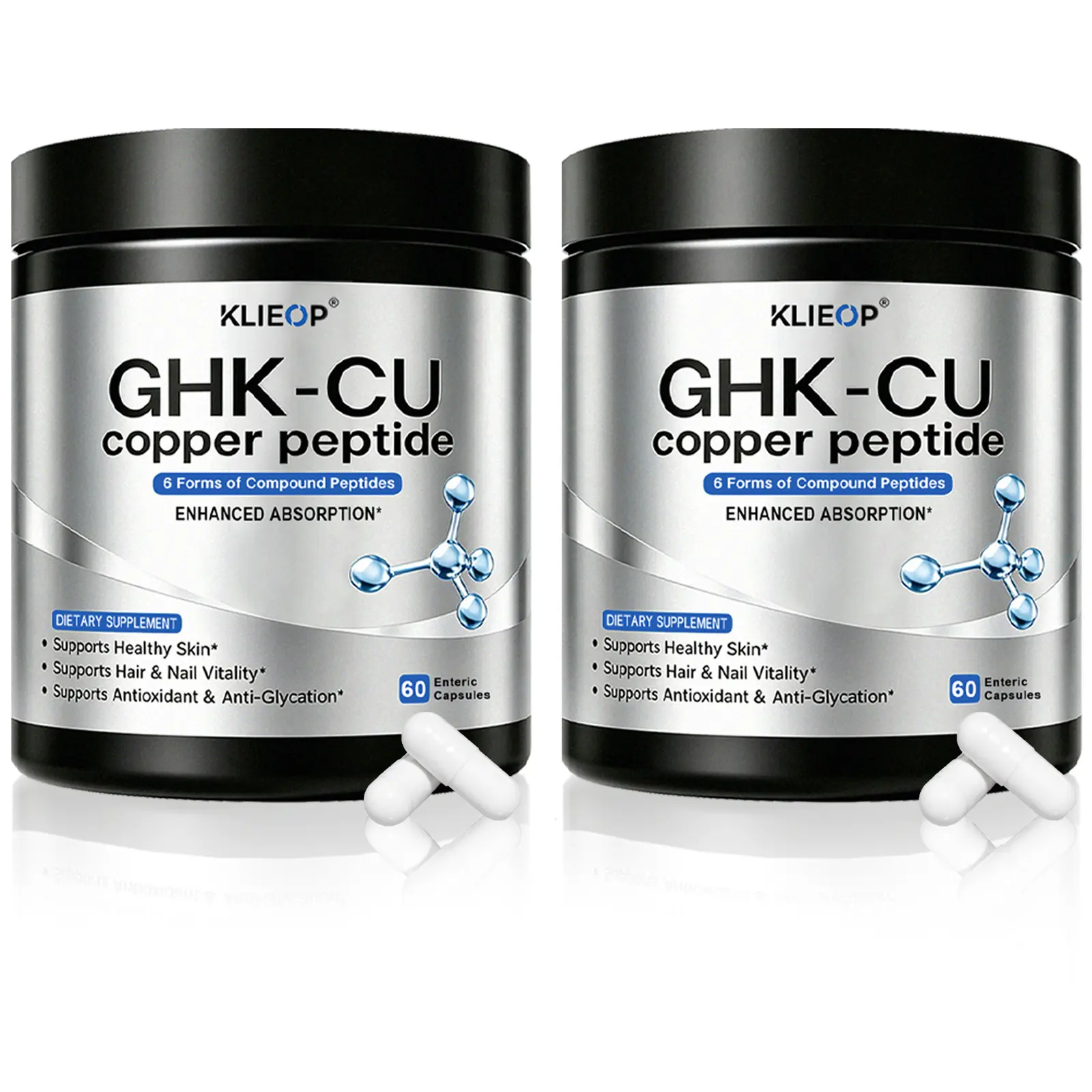 GHK-Cu Copper Peptide Supplement, 6-in-1 Multi Peptide Complex, Glow & Firm Support, with Marine Collagen, Keratin & Elastin Peptides, For Skin Hair & Nails Easy to Absorb, 60 Capsules 2-Pack Beauty