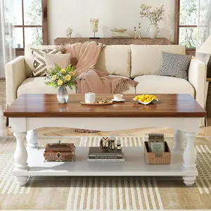 47" Farmhouse Coffee Tables with Solid Wood Legs, Rustic Rectangle Center Tables for Living Room, TV Stand Vintage living Room Table,Easy Assembly