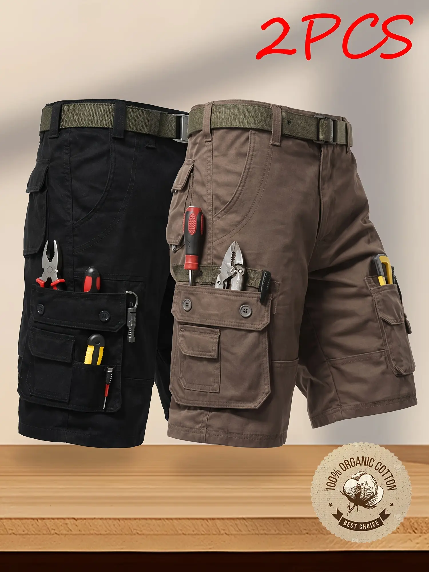 2-pack men’s new cargo shorts with multiple pockets, 100% pure cotton, skin-friendly breathable fabric; suitable for running, travel, and hiking; wrinkle-resistant, wear-resistant, durable shorts.