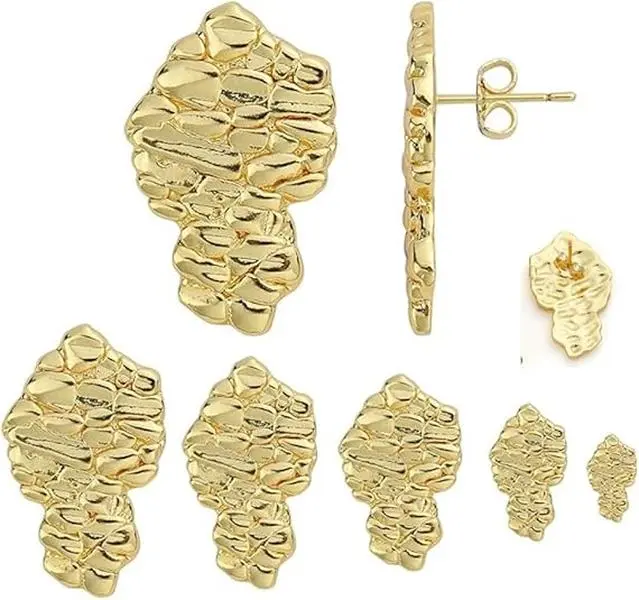 Rough Shape Nugget Earring Unisex Hip Hop Iced 14K Gold plated Stud Fashion Earrings 10mm 12mm 15mm 16mm