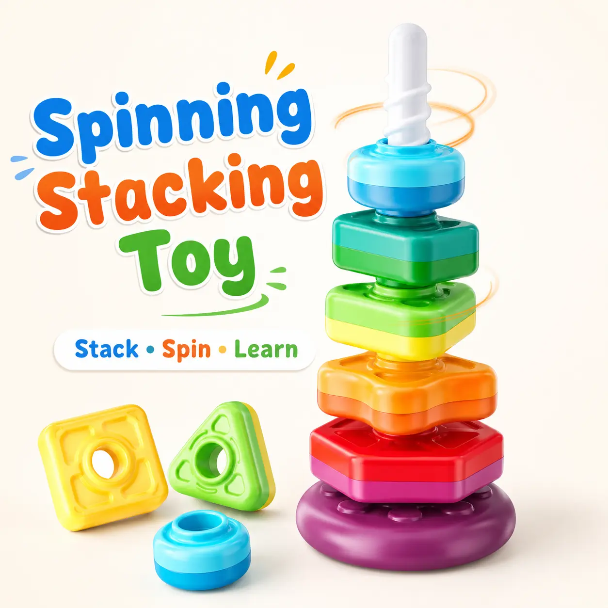 Baby Spinning Stacking Toy for Toddlers 1-3, Rainbow Ring Stacker with Rattle Beads & Numbers 1-6, Corkscrew Spin Sensory Learning Toy for Fine Motor Skills, 1st Birthday Gift for Boys & Girls
