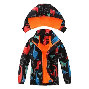 New autumn and winter cartoon dinosaur trench coat children's hooded jacket windproof and warm fashion style jacket
