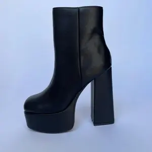 Cloe Booties - Plain Black Crinkle PU High Platform Boot for Women - Girl