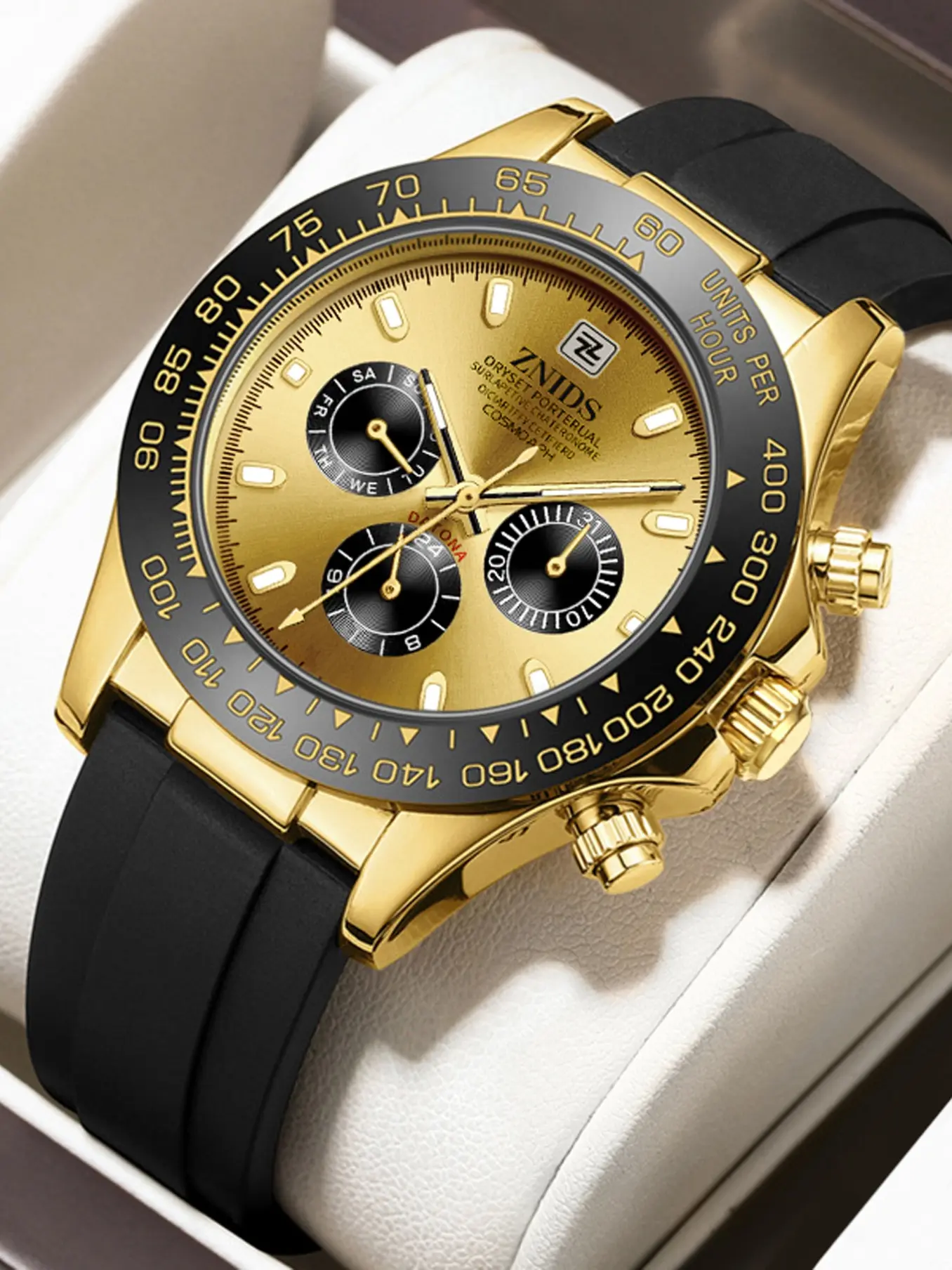Top-tier luxury Daytona series business men's watch, featuring a round dial, multifunctional display, silicone strap, and a stylish, minimalist, edgy, and trendy urban look—perfect for cool guys. The best gift to give him