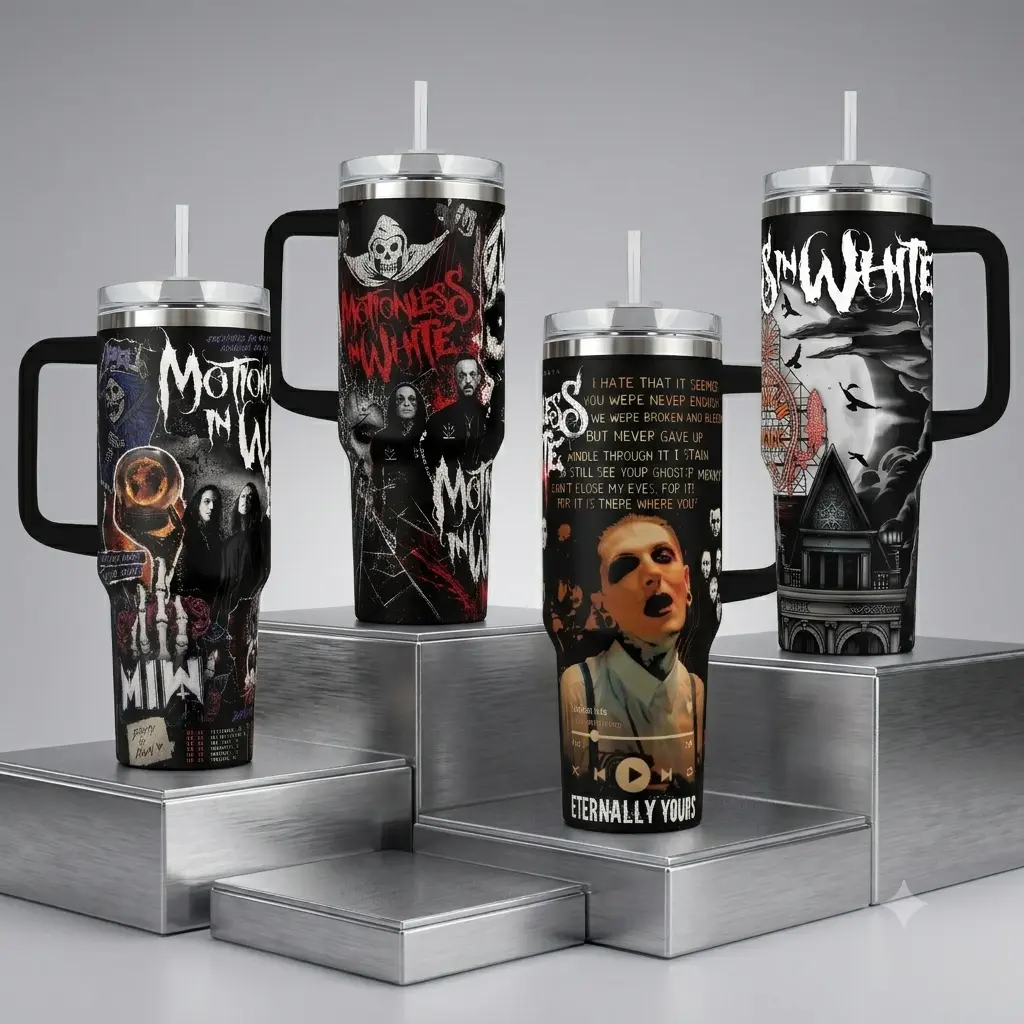 Eternally Yours Motionless In White MIW Afraid of the Dark R.I.P 40 oz Leakproof Portable Vacuum Insulated Tumbler with Handle, Straw, Graphic - 12H Hot/Cold Retention, 18/8 Stainless Steel Travel Mug for Alternative Fans