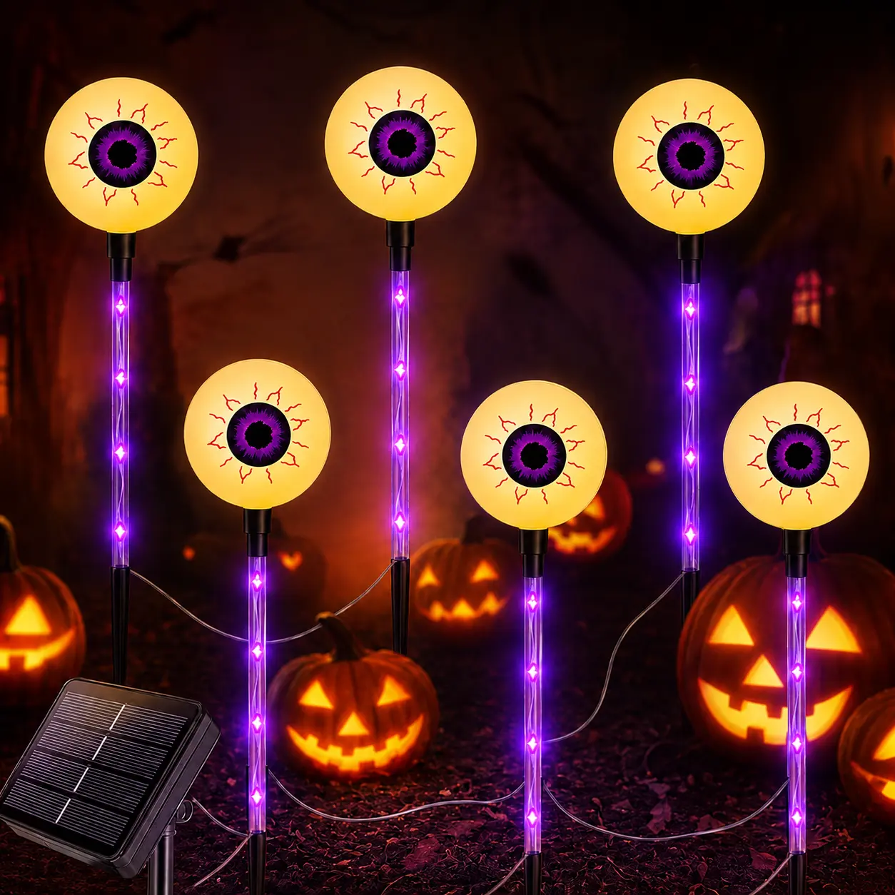 6-Piece Solar-Powered Halloween LED Path Stake Lights Set, Purple, 8 Lighting Modes, IP44 Waterproof, Flower Switch, Outdoor Spooky Decor for Yard Lawn Halloween Parties, Led Path Light