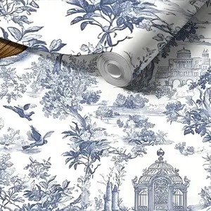 Blue & White French Toile de Jouy Peel and Stick Wallpaper, Removable Waterproof Vintage Floral & Bird Wall Sticker for Bedroom Living Room, Renters Friendly Wall Decor