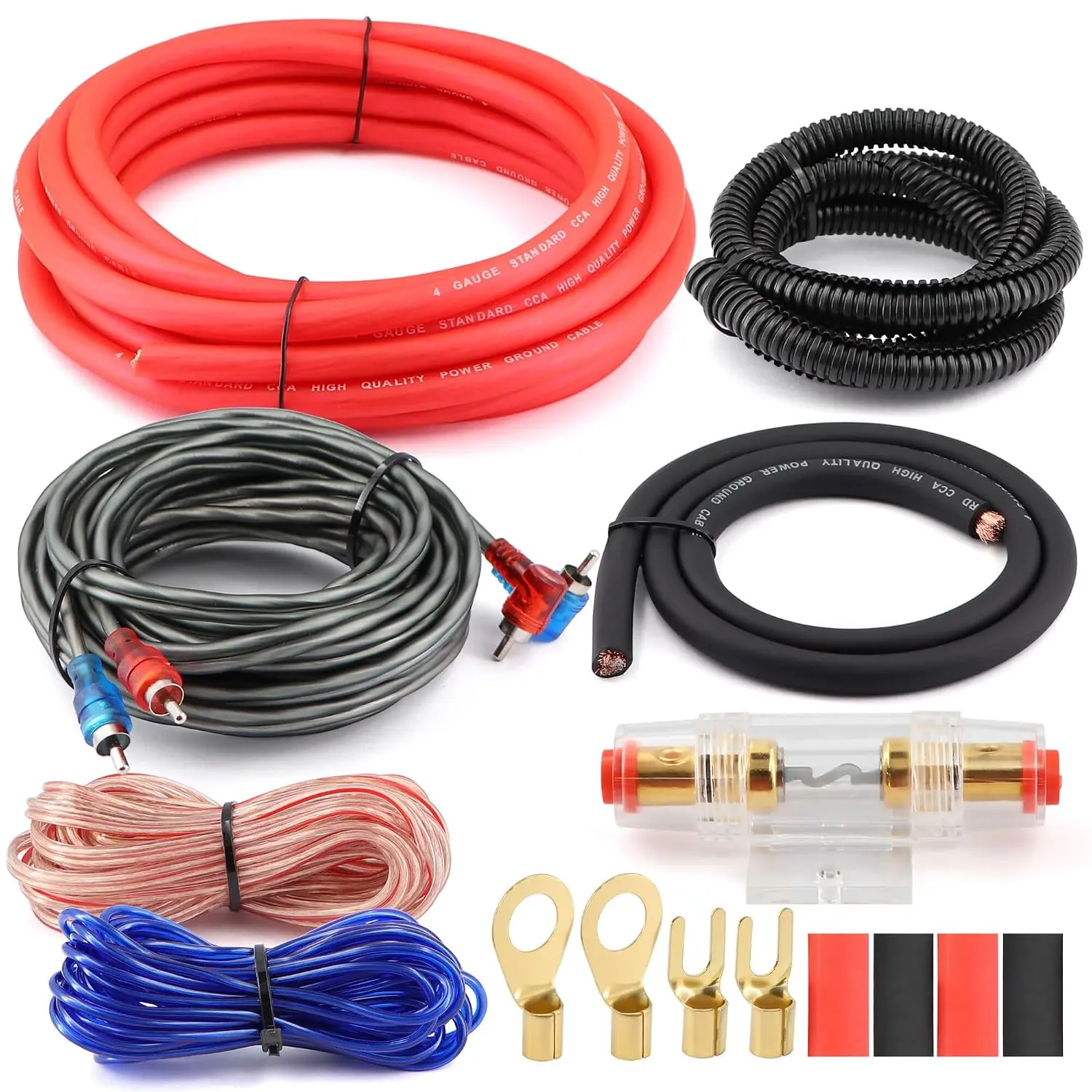 4 Gauge 1000W CCA Complete Amplifier Wiring Kit - with Power/Ground Wire, RCA Cables, Speaker Wire, Capacitor & Distro Block| for High-Power Subwoofer and Multi-Channel Stereo System Install
