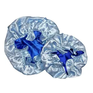 Reversible Silk Satin Bonnet – Mommy & Me (Adult + Kids) | Frizz Control Sleep Cap | Premium double-layer silk satin for long-lasting durability. (Blue + Light Blue)