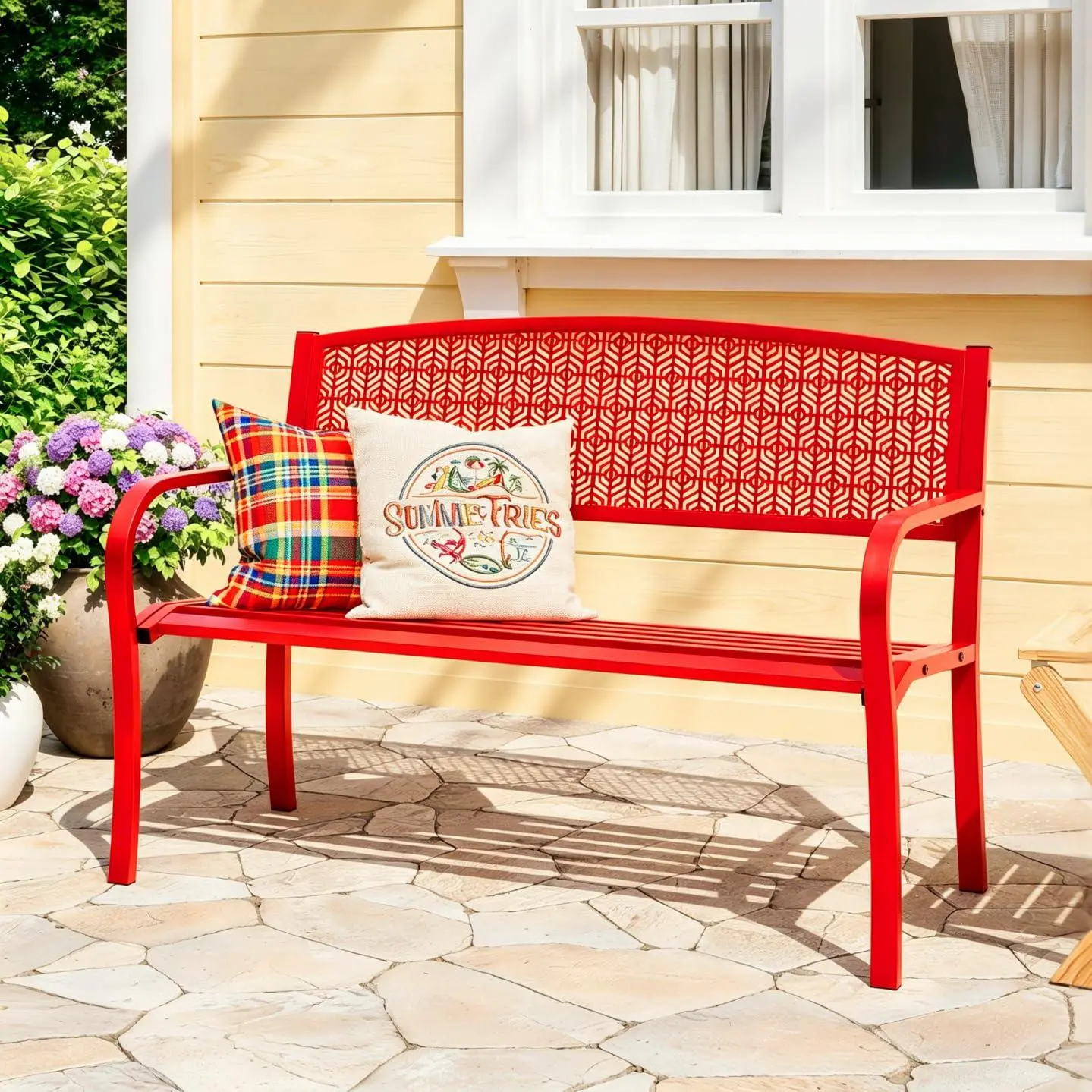 GARVEE 50" Outdoor Metal Garden Bench, Patio Steel Bench with Curved Backrest, Decorative Pattern, Weather-Resistant Porch Bench for Yard, Park, Deck, Backyard,Red
