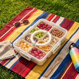 Divided Snack Box with 8 Removable Compartments Handle Lid Stackable Design BPA-Free Food-Grade Plastic, Transparent Sturdy, Portable Organizer Tin for Charcuterie Fruits Kitchen Utensils.