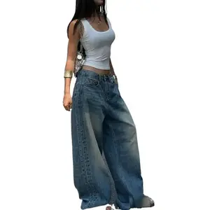 Vintage Blue Washed Straight-Leg Jeans For Women, American Design Loose Casual Wide-Leg Dragging Long Pants Denim Fit Womenswear Bottom Baggy Streetwear Trouser Pockets Wideleg