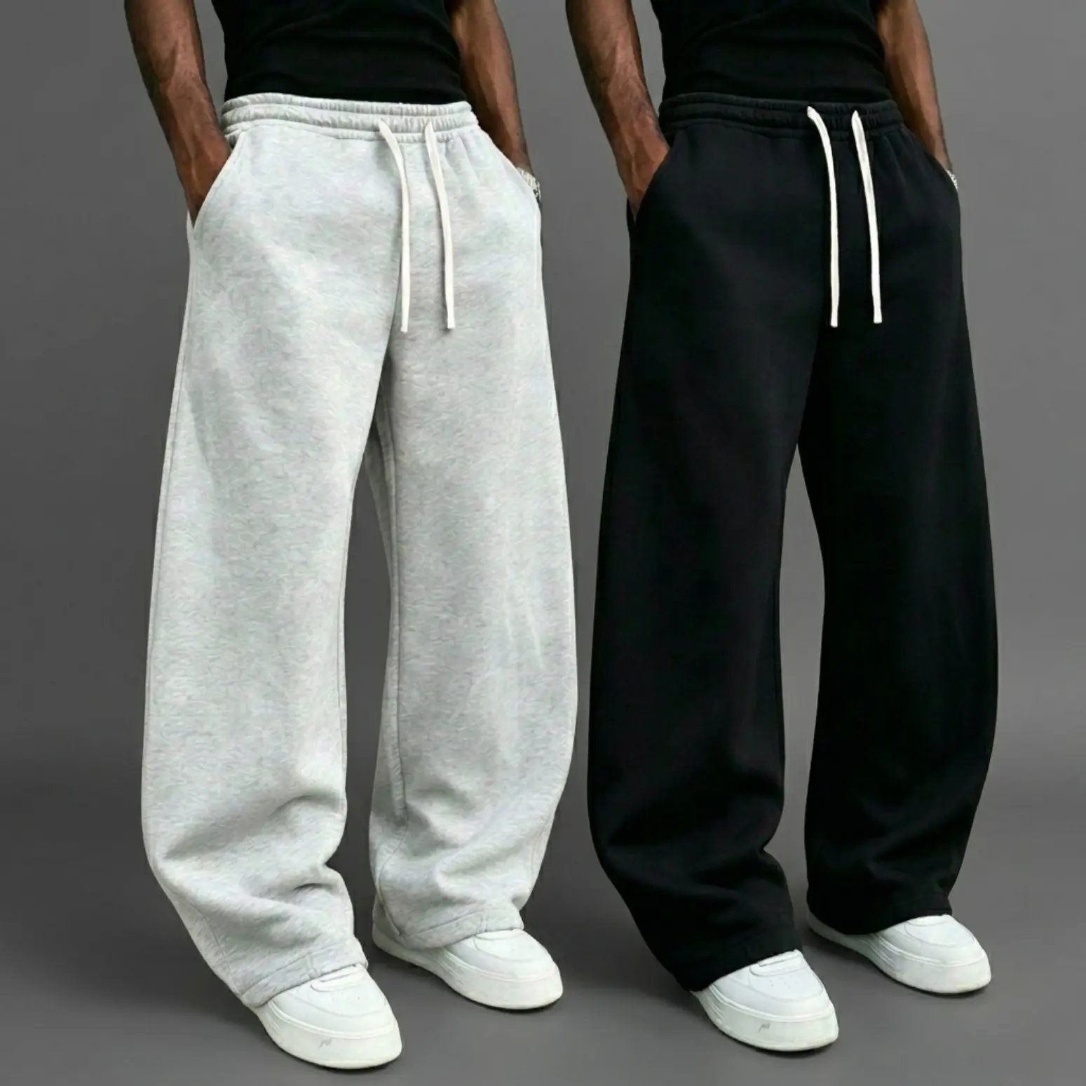Men’s two-pack athletic pants, beige wide-leg loose fit sweatpants with drawstring waist, ultra-soft men’s apparel suitable for running and fitness, fashionable activewear/clothing, sports casual workout pants, loose jogging pants, 100% polyester, lightwe