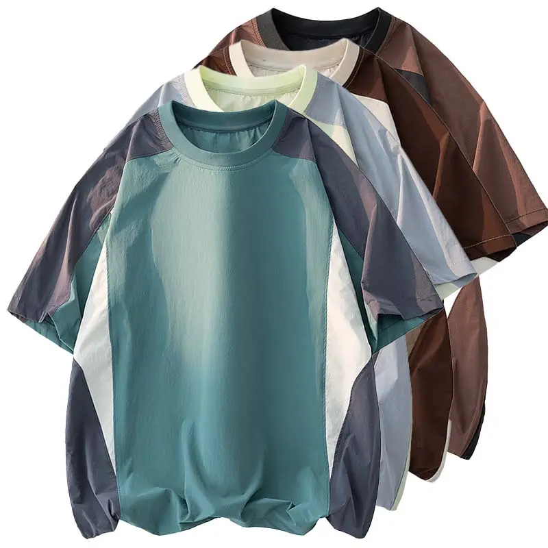 Men's Retro Color Block T-Shirt with Raglan Short Sleeves, a Slim Fit Breathable Nylon Blend Crew Neck Top with an Adjustable Drawstring Hem for Students, Shortsleeve, Menswear, Tshirt