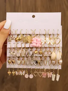 Heart Butterfly Earrings Set Cute Girl Style Fashion Versatile Metal Elegant Ear Jewelry for Women 24 Pairs