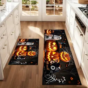 2Pcs Halloween BOO! Horror Pumpkin Ghost Black Cat Spider Web Floor Mat Set with Wizard Hat Farmhouse Kitchen Carpet Restaurant Floor Laundry Room Decor Carpet Mat, Home Decor