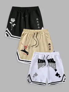 Men's Summer Outdoor Basketball Shorts, Drawstring Sport Pants with Letter Floral Print, 3 Pack, Casual Fitted Fitness Wear