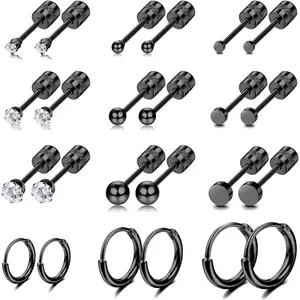 CASSIECA Unisex Surgical Steel Earrings Set, Mother's Day Gift, Tiny Ball CZ Screw-Back Studs, Plated Small Huggie Hoop Sleepers, Double-Sided for Sensitive Ears & Multiple Piercings
