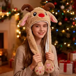 Christmas Cosplay Reindeer Hat - Funny Cute Plush Santa Hat with Moving Jumping Ears for Holiday Parties