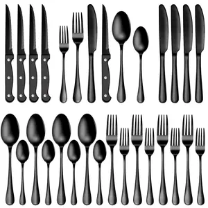24 Pcs Black Silverware Set with Steak Knives Service for 4,Stainless Steel Flatware Set,Mirror Polished Cutlery Utensil Set,Kitchen Eating Tableware,Include Fork Knife Spoon Set,Dishwasher Safe