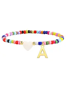 Rainbow Bead Anklet, Stainless Steel Heart Pendant, 26 Letters Az, Boho Style Bracelet, Fashion Jewelry for Women and Girls
