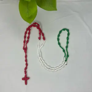Vibrant Knotted Thin Textured Rope Cross Necklace - Green, White, Red Multicolor Religious Design Costume Jewelry, Ideal Birthday Gift, Multicolor Cross Necklaces