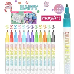 12Pcs Glitter Coloring Graffiti Outline Marker Pen,Double Line Highlighter Multifunction Writing Drawing Home School Office Stationery Art Supplies Markers Pens Christmas Valentine's Day Gift for Greeting Card Making Scrapbook Diary Poster Kids DIY Crafts