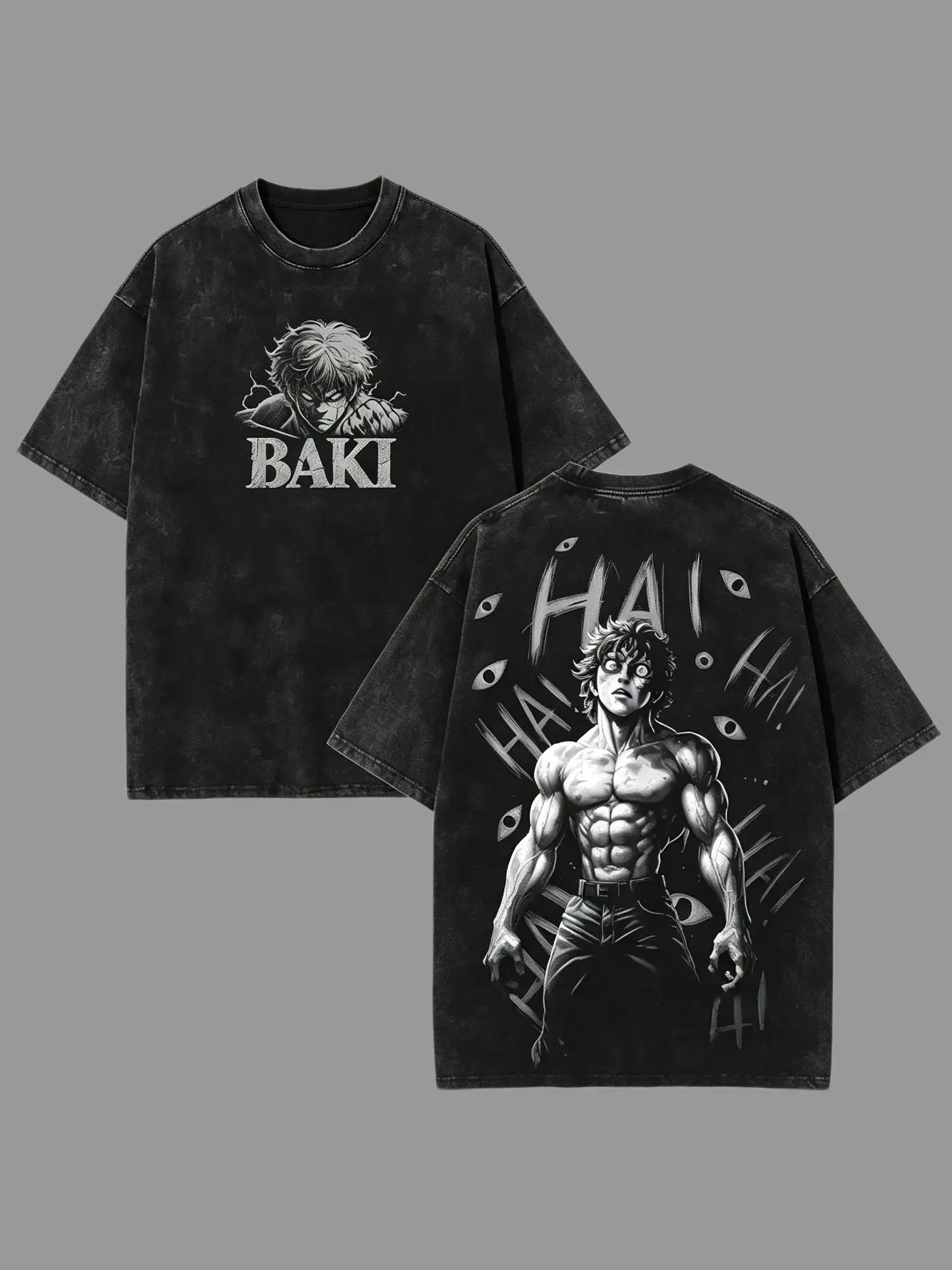 Men's Baki Hanma Baki the Grappler Anime Double-Sided Printed T-Shirt - Vintage Washed Heavyweight Cotton, Seamless Short-Sleeve, Unisex Oversize Streetwear Top Menswear Tshirt Oversized Tropical Crewneck Shortsleeve