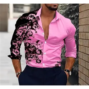 Men's Pink Classic Printed Shirt Fashionable Luxury Hawaiian Party Shirt Men's Long Sleeve Button Collar Casual Top Plus Size