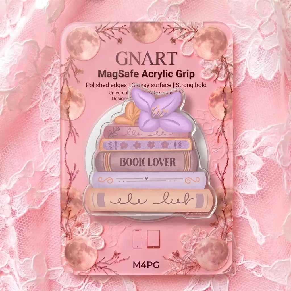 Cute Book Lover MagSafe Phone Grip, Lavender Purple Stack of Books Acrylic Phone Holder for Kindle, Coquette Aesthetic Floral Bookworm Gift for Her
