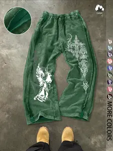 Unisex Gothic Angel Graphic Cotton Sweatpants, Unisex Streetwear,  Knit Pants, Washed Cotton Fabric, Casual Y2K Style, Men's Fashion Gift，Gothic style everyday wear, casual and fashionable, trendy outfits, Casual Streetwear Trousers