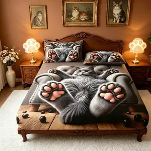 3-Piece Animal Cat Print Bed Sheet Set, Queen Size Mattress Cover, Polyester, Bedroom Guest Room, Birthday Gift